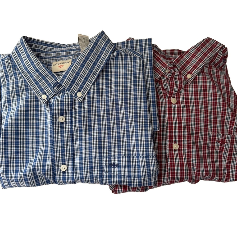 Lot of 2 Dockers Plaid Men's XXL Shirts Button Down Long Sleeve Blue & Red Plaid